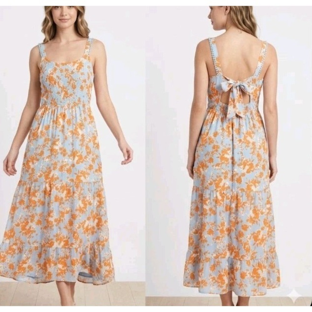 Jessica Simpson Floral Tiered Maxi Dress Blue & Orange Boho Tie-Back Size S